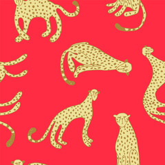 Cartoon cheetahs. Seamless cheetahs on red background.