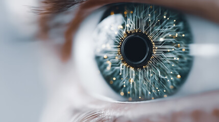 A close-up view of a futuristic eye showcasing technological advancement and cybernetic elements, combining the beauty of human anatomy with the innovation of artificial intelligence.
