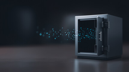 An open vault door reveals a stream of illuminated digital data, representing the concept of financial security.