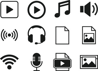 Collection of black and white icons representing media playback and audio with various file types
