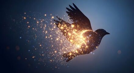 Fototapeta premium Glowing bird flying upward with golden light particles on dark background