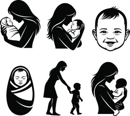 Collection of black and white icons showing a mother holding a baby in loving poses with smiles