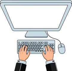 Person typing on a computer keyboard with a mouse and monitor on a desk for work concept