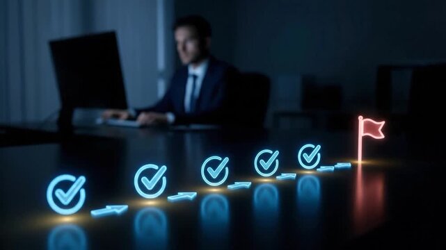 Business Goal Achievement Journey with Digital Checkmarks and Target Flag
