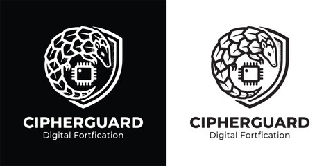 Pangolin Armadillo Logo with Microchip for Digital Fortification and Privacy