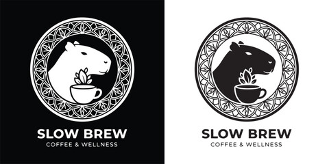 Fototapeta premium Relaxed Capybara Coffee Logo for Wellness and Organic Cafe Branding