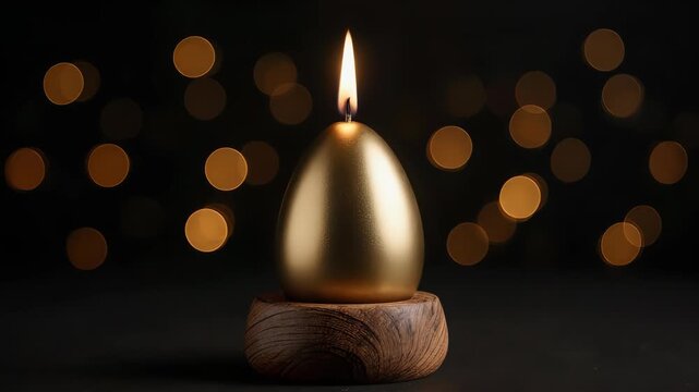 Lit golden egg-shaped candle with holder on dark bokeh background.