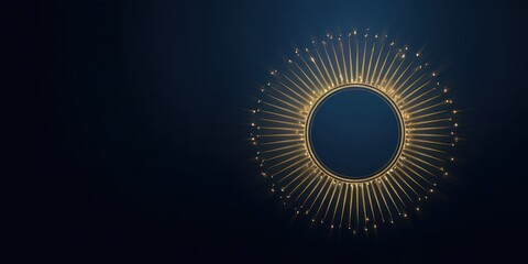Abstract golden circle design with radiant beams on a dark blue background