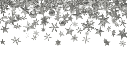 macro shot of reflective metallic silver stars and geometrically complex snowflakes falling/drifting against a high-key transparent background, enhanced by dramatic cinematic studio lighting.