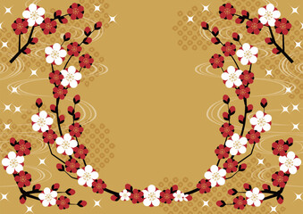 梅が枝リース背景、横、金、かわいい、イラスト、和風