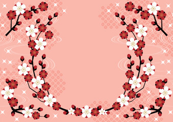 梅が枝リース背景、横、ピンク、かわいい、イラスト、和風
