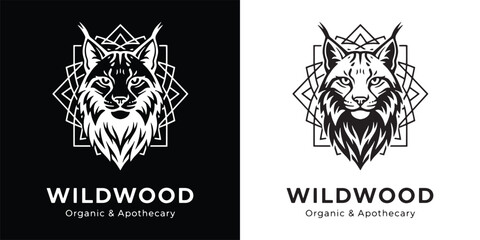 Wildwood Lynx Head Logo with Geometric Mandala Background for Organic Apothecary and Herbal Wellness © Hamdani