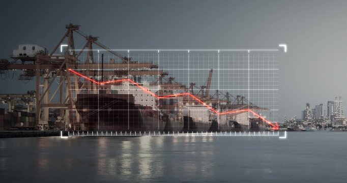 Harbor scene with cargo ships and towering port cranes, overlaid with dynamic downward graph, symbolizing economic decline in the shipping and logistics industry. Concepts of shipping market analysis.