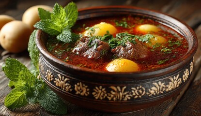 Rich, aromatic stew with tender meat, potatoes, and fresh herbs served in a decorative bowl, showcasing vibrant colors and inviting textures for culinary enthusiasts