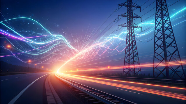Dynamic energy and data flow along modern infrastructure with power lines and light trails