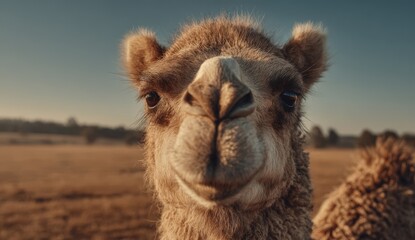 Close-up of a camel with soft fur, showcasing its expressive eyes and unique features, set against a serene landscape during golden hour, highlighting natural beauty