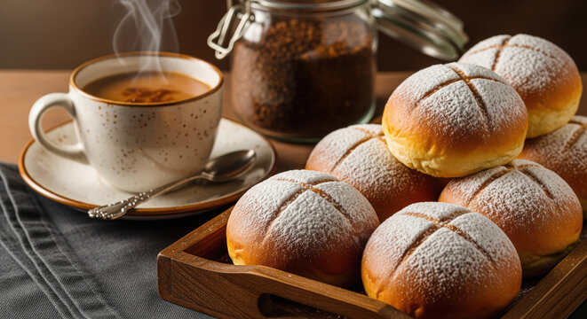 Delicious Steaming Coffee with Powdered Sugar Buns