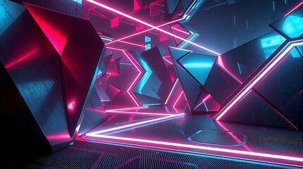 Futuristic 3D geometric banner, sharp polygonal shapes framing the edges