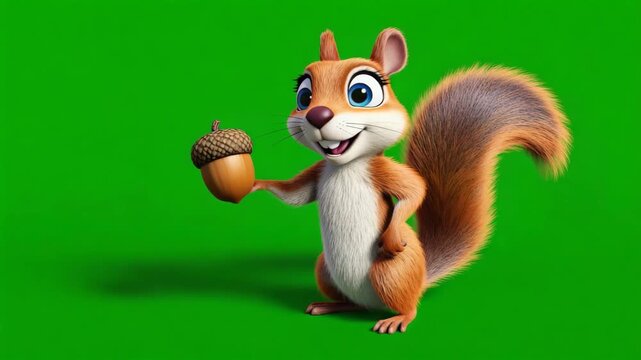 Animated cartoon squirrel holding acorn isolated green background 3 D character nature wildlife