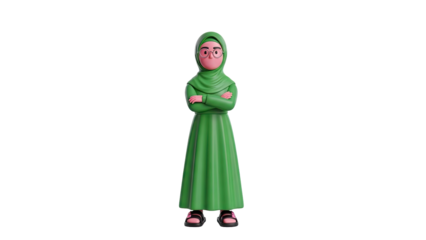 3D Cartoon Woman in Hijab with Glasses and Crossed Arms