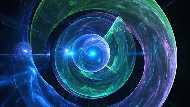 A vibrant abstract composition featuring swirling, overlapping translucent spheres. The colors transition, blue, green, and purple