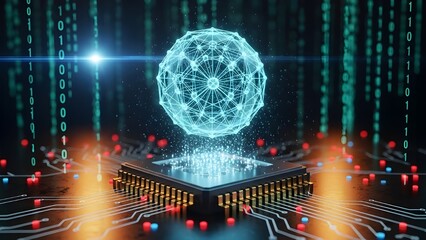Futuristic Microchip with Levitating Quantum Sphere and Digital Matrix Background &ndash; AI & Tech Concept
