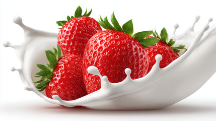 Ripe red strawberry with green leaf splash in creamy white milk, vibrant fresh fruit and dynamic liquid motion creating appetizing energetic mood