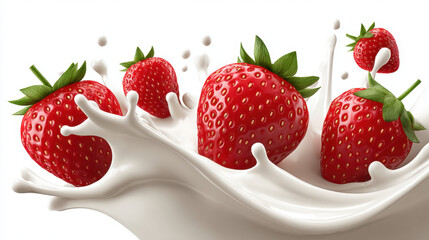 Ripe red strawberry splashing into white milk with dynamic droplets and green leaves, fresh fruit texture and vibrant contrast conveying energy and appetizing freshness