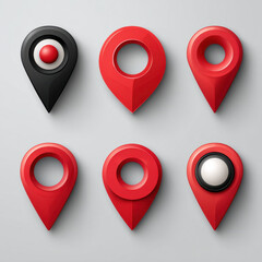 Red location marker set with glossy red and black pinpoint icons in modern 3D style, clean navigation symbol collection with depth and shadow for map and UI design