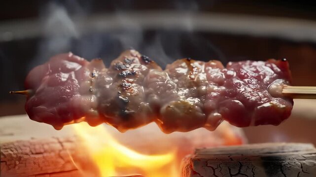 Close-up of grilling skewers over hot charcoal, showing searing and delicious cooking process
