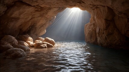 Sunlight beams streaming into a serene sea cave illuminating the tranquil blue water and rocky interior