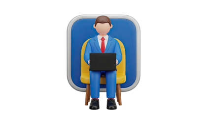 3D cartoon businessman with laptop sitting on a yellow chair on transparent background