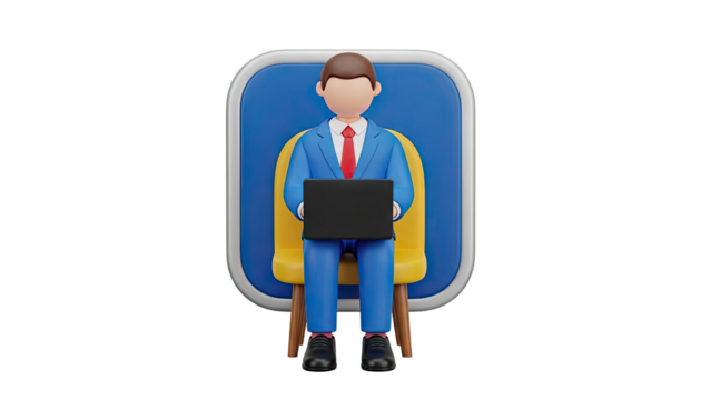 3D cartoon businessman with laptop sitting on a yellow chair on transparent background - Powered by Adobe
