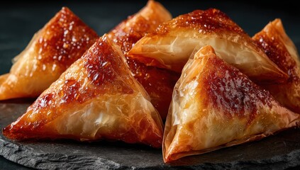 Golden-brown triangular pastries arranged on a dark slate plate, showcasing a crispy texture and glistening surface, perfect for culinary presentations and food photography