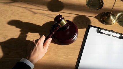 Overhead shot of a wooden gavel in hand beside scales of justice and blank clipboard on a light wood table, symbolizing