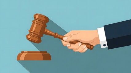 Hand holding a wooden gavel, symbol of law, justice, and legal proceedings, against a soft blue background, vector