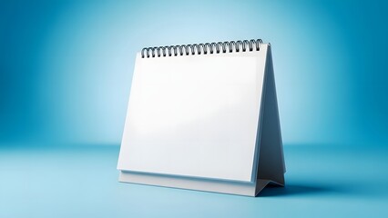 Blank white table calendar mockup with spiral binding against a gradient blue background, ready for customization