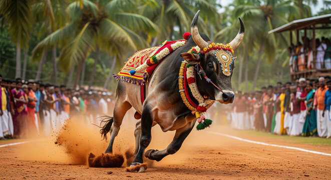 Decorated Bull Runs During Traditional Indian Festival