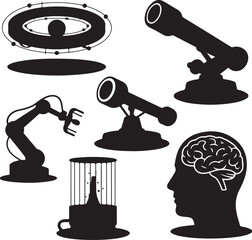 Collection of futuristic technology and scientific research icons isolated