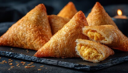 Golden-brown pastries filled with creamy sweet filling, arranged on a dark slate board, creating an inviting atmosphere for culinary enthusiasts and food lovers