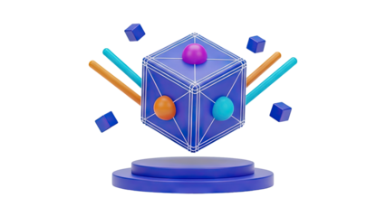 Abstract geometric shapes 3d render, floating elements on podium on transparent background