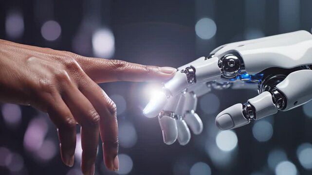 Human finger nears robot hand, dark bokeh background