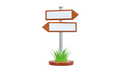 3D Blank Wooden Signpost with Grass on transparent background