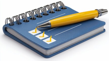 A blue spiral notebook with a yellow pen, featuring marked check boxes on the page