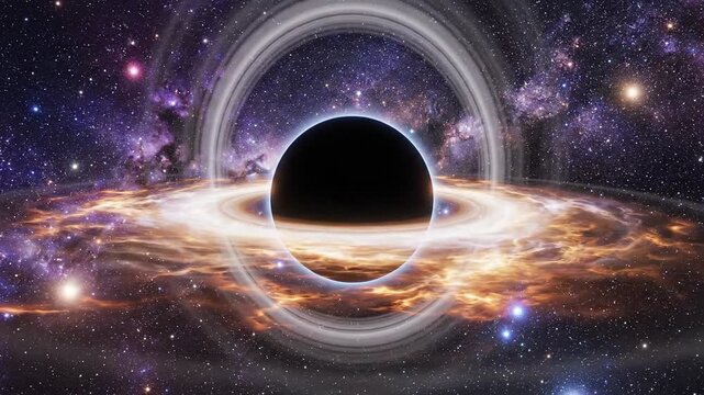 Black hole with accretion disk and gravitational lensing, starfield backdrop