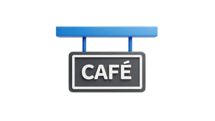 3D Cafe sign with blue holder on transparent background