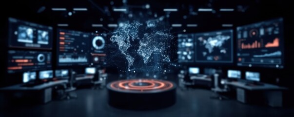 Futuristic digital command room where crm client info fuels business marketing and firm datum management