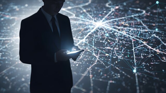 Silhouette of a businessman using a digital tablet with a futuristic network map overlay representing global connectivity and data analysis. - Powered by Adobe