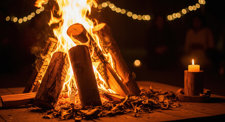 Cozy Campfire Glow with Bokeh Lights and Candle at Night