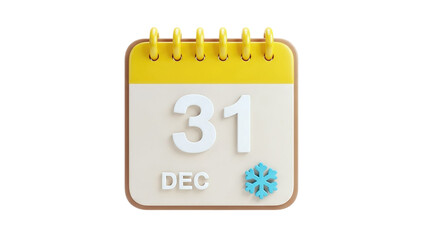 3D Calendar Page Showing December 31st with Snowflake Icon on transparent background